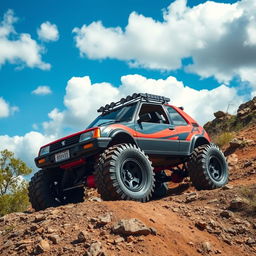 A massive, ultra-modified Peugeot 205 customized for off-road adventures, featuring oversized off-road tires that dominate the scene