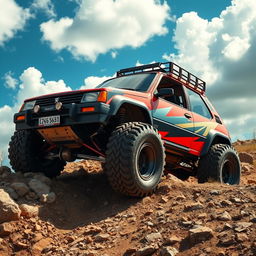 A massive, ultra-modified Peugeot 205 customized for off-road adventures, featuring oversized off-road tires that dominate the scene