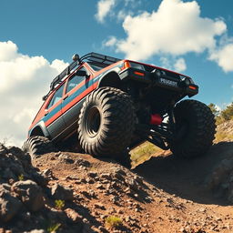 A massive, ultra-modified Peugeot 205 customized for off-road adventures, featuring oversized off-road tires that dominate the scene