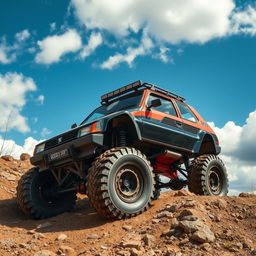 A massive, ultra-modified Peugeot 205 customized for off-road adventures, featuring oversized off-road tires that dominate the scene