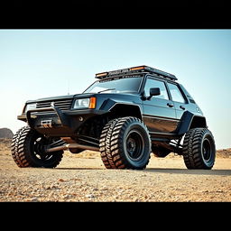 Peugeot 205, ultra massive off-road vehicle with enormous wheels, entirely black color scheme, showcasing its robustness and adventure-ready design