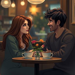 A romantic scene depicting Lillian Warren, a young woman with flowing chestnut hair, and James Hill, an attractive man with a charming smile and tousled dark hair, sitting together in a cozy, dimly-lit cafe