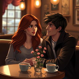 A romantic scene depicting Lillian Warren, a young woman with flowing chestnut hair, and James Hill, an attractive man with a charming smile and tousled dark hair, sitting together in a cozy, dimly-lit cafe