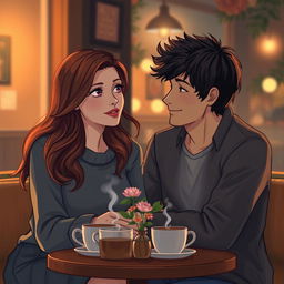 A romantic scene depicting Lillian Warren, a young woman with flowing chestnut hair, and James Hill, an attractive man with a charming smile and tousled dark hair, sitting together in a cozy, dimly-lit cafe