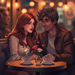 A romantic scene depicting Lillian Warren, a young woman with flowing chestnut hair, and James Hill, an attractive man with a charming smile and tousled dark hair, sitting together in a cozy, dimly-lit cafe