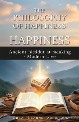 A captivating and inspirational book cover titled "The Philosophy of Happiness: Ancient Wisdom for Modern Living"