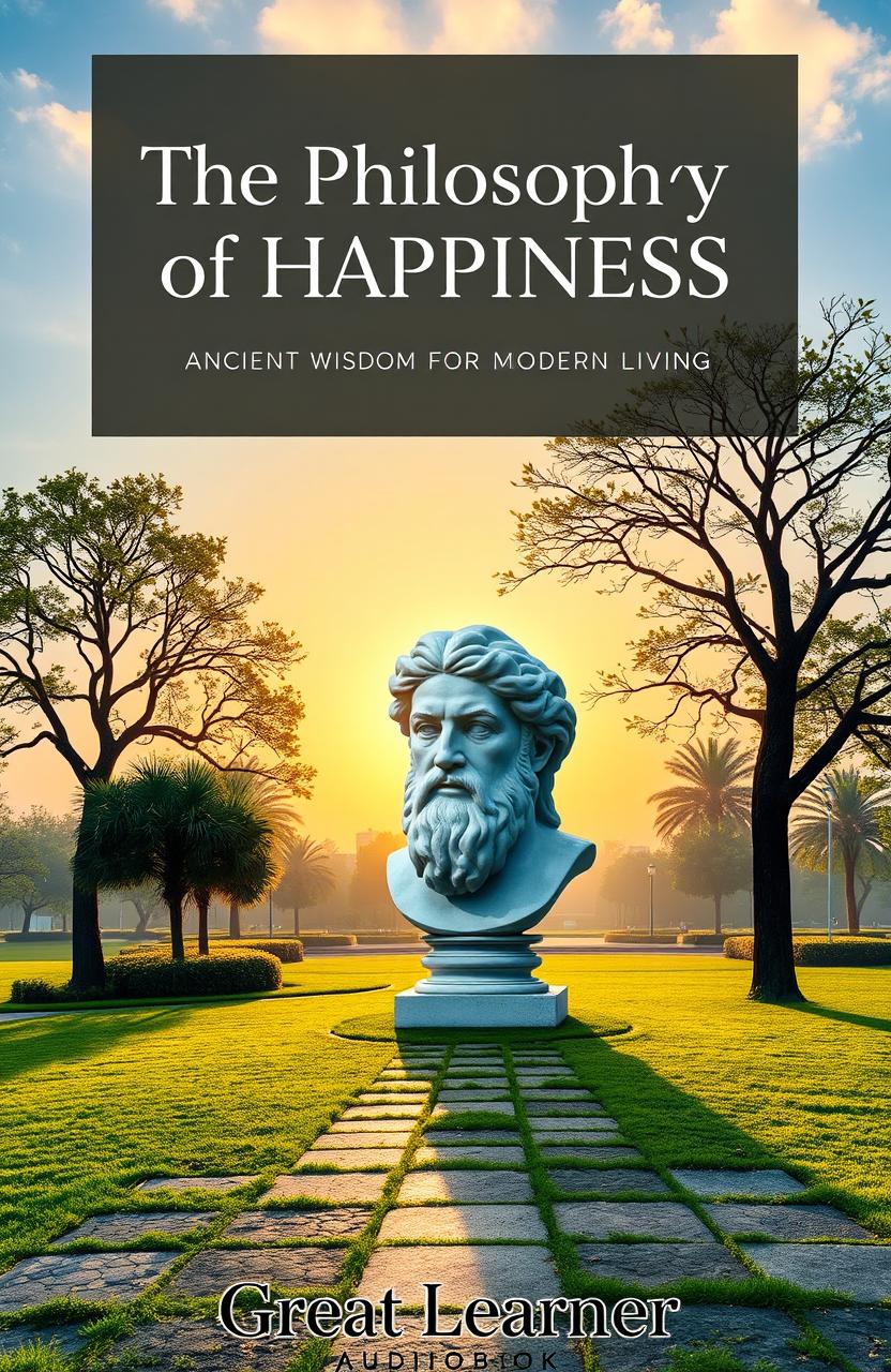 A captivating book cover illustrating the essence of 'The Philosophy of Happiness: Ancient Wisdom for Modern Living'