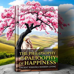 A vivid and inviting book cover featuring an ancient Greek philosopher sitting under a large, blooming cherry blossom tree