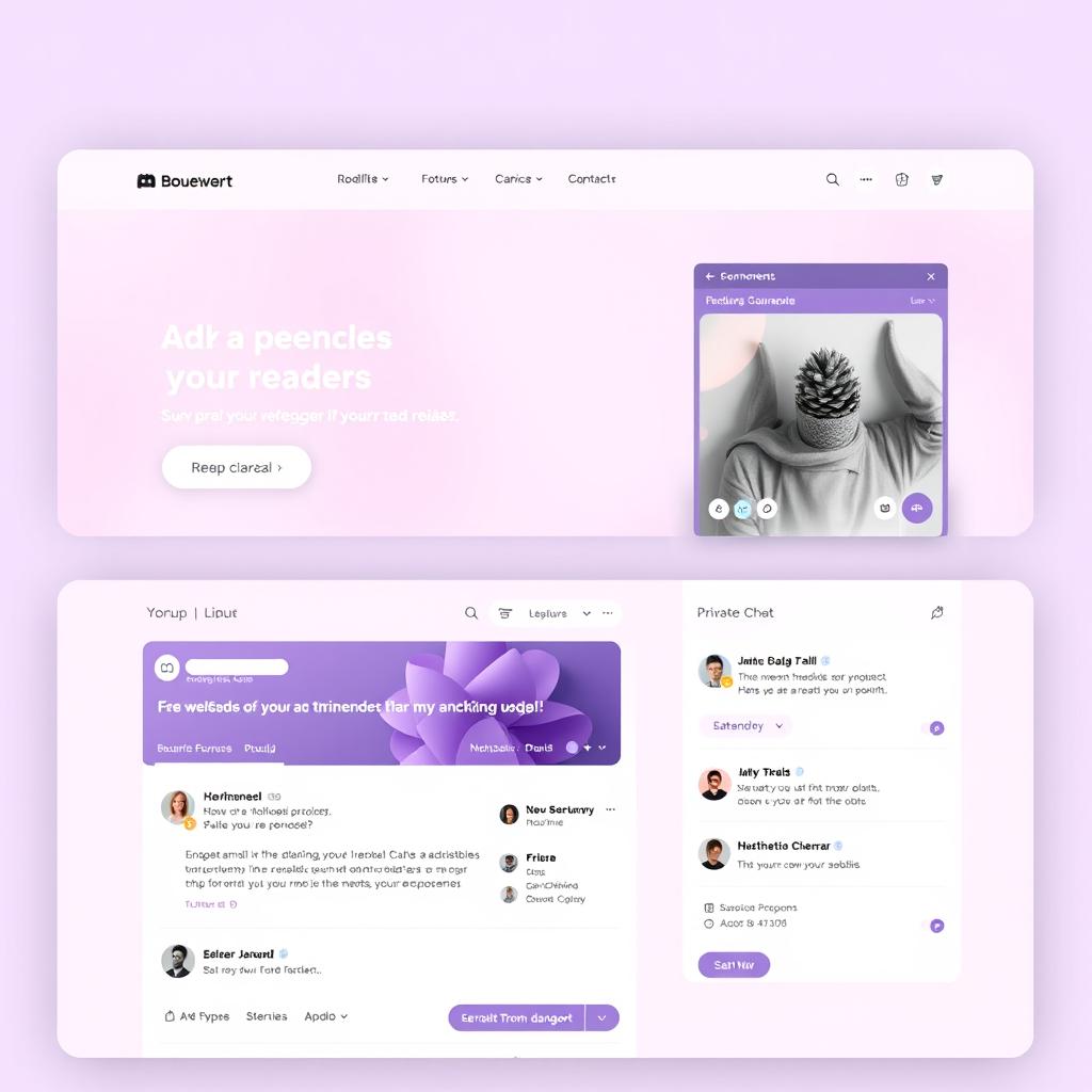 A mockup of a website platform where readers can interact both generally and individually, designed in a style reminiscent of Discord and Reddit