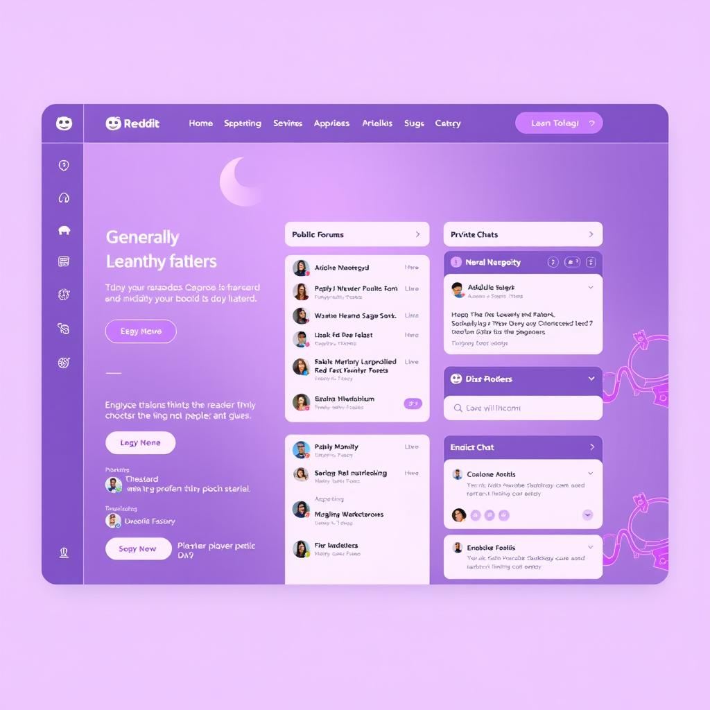 A mockup of a website platform where readers can interact both generally and individually, designed in a style reminiscent of Discord and Reddit