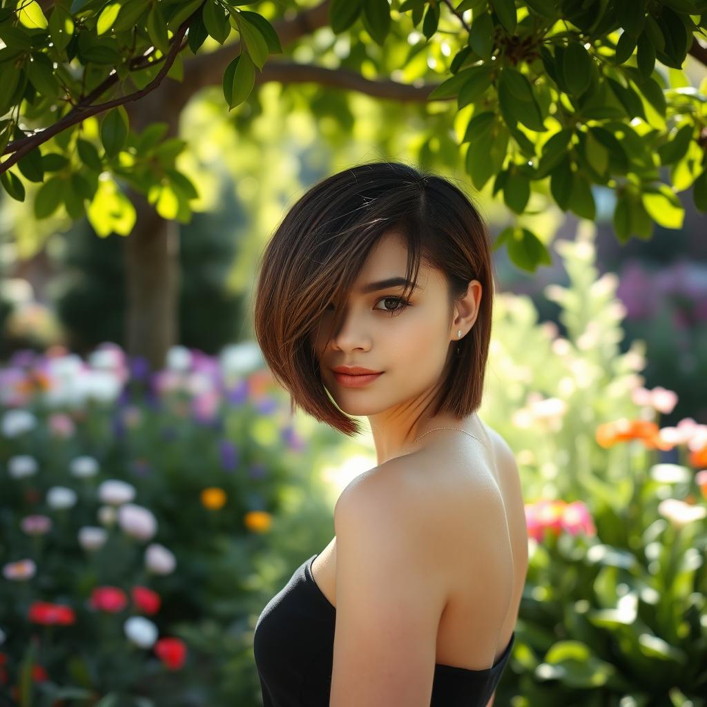 A young woman with an elegant bob hairstyle standing in a serene garden during spring