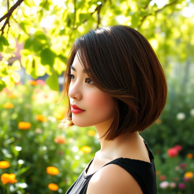 A young woman with an elegant bob hairstyle standing in a serene garden during spring