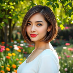 A young woman with an elegant bob hairstyle standing in a serene garden during spring