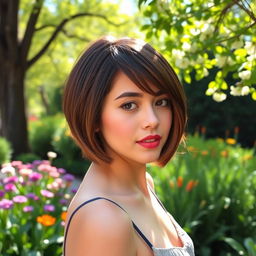 A young woman with an elegant bob hairstyle standing in a serene garden during spring