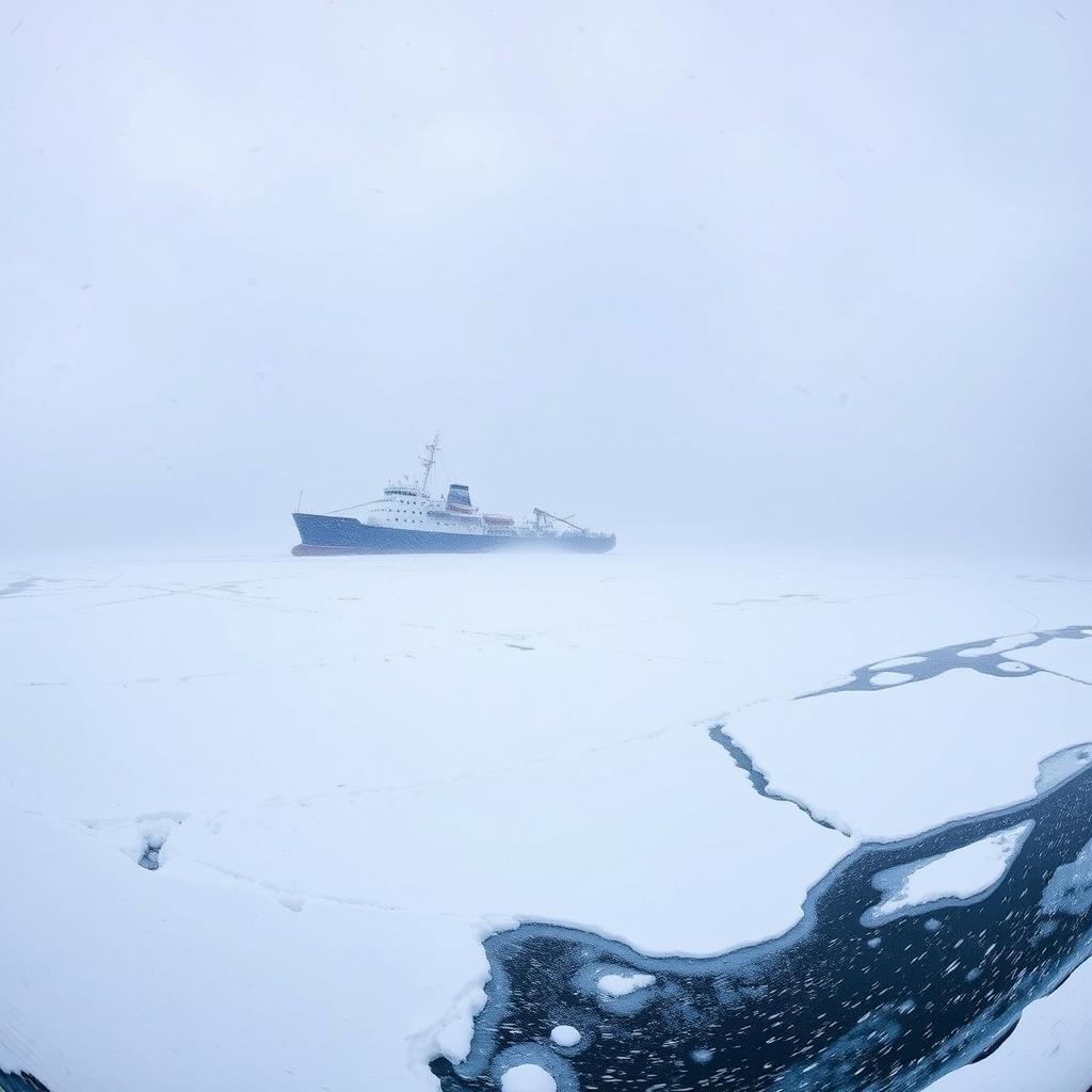 A panoramic view of an arctic scene featuring an icebreaker ship stuck in the ice amidst a raging snow storm