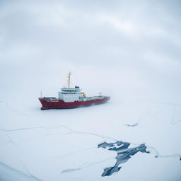 A panoramic view of an arctic scene featuring an icebreaker ship stuck in the ice amidst a raging snow storm