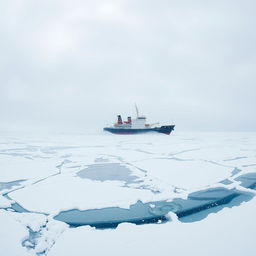 A panoramic view of an arctic scene featuring an icebreaker ship stuck in the ice amidst a raging snow storm