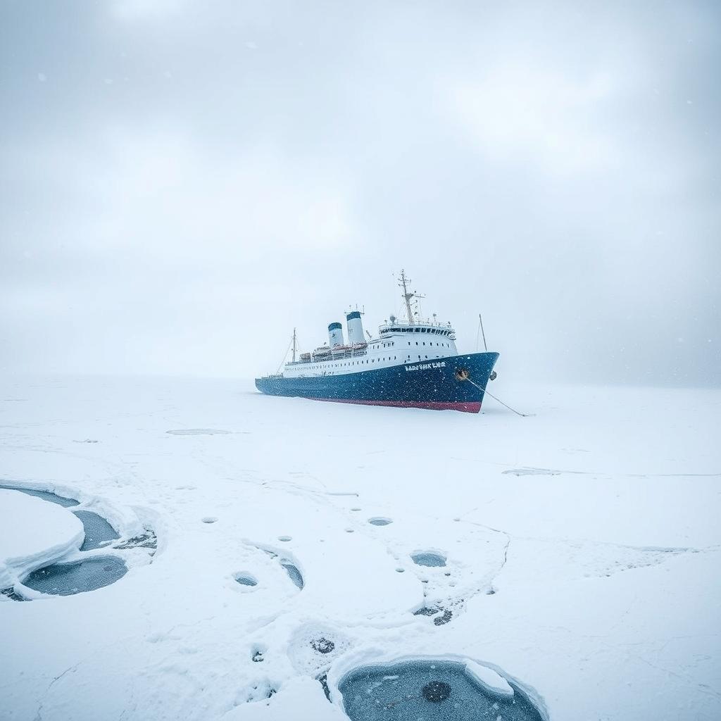 A panoramic view of an arctic scene featuring an icebreaker ship stuck in the ice amidst a raging snow storm