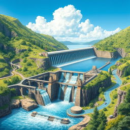 A detailed and intricate illustration of hydraulic works and surface water capture, featuring large and complex networks of pipes, dams, and reservoirs seamlessly integrated into a natural landscape