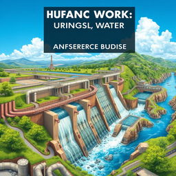 A detailed and intricate illustration of hydraulic works and surface water capture, featuring large and complex networks of pipes, dams, and reservoirs seamlessly integrated into a natural landscape