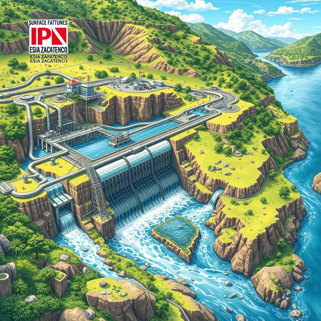 A detailed and intricate illustration of hydraulic works and surface water capture, featuring a sophisticated network of pipes, dams, and reservoirs within a vibrant natural landscape