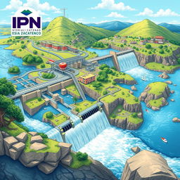 A detailed and intricate illustration of hydraulic works and surface water capture, featuring a sophisticated network of pipes, dams, and reservoirs within a vibrant natural landscape