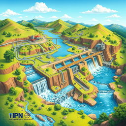 A detailed and intricate illustration of hydraulic works and surface water capture, featuring a sophisticated network of pipes, dams, and reservoirs within a vibrant natural landscape