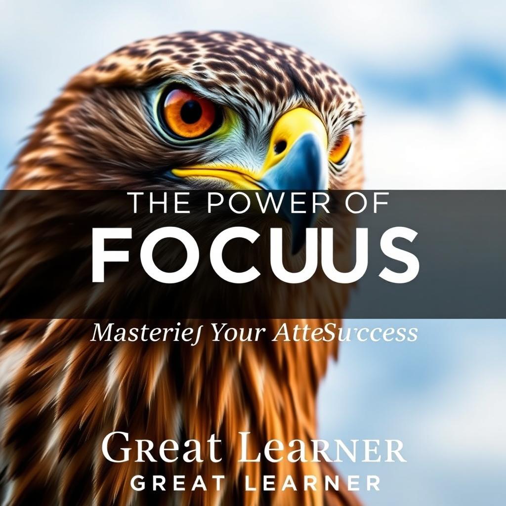 An inspiring book cover featuring a focused, intense gaze of a hawk, symbolizing precision and mastery of attention