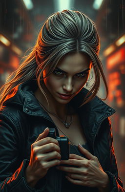 A strong female main character with a traumatic past, exuding power and danger, immersed in a dark romance filled with intense and suggestive moments