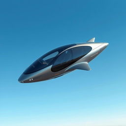 A sleek, futuristic autonomous flying car soaring through a clear blue sky