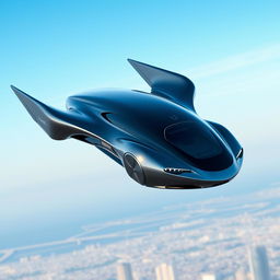 A sleek, futuristic autonomous flying car soaring through a clear blue sky