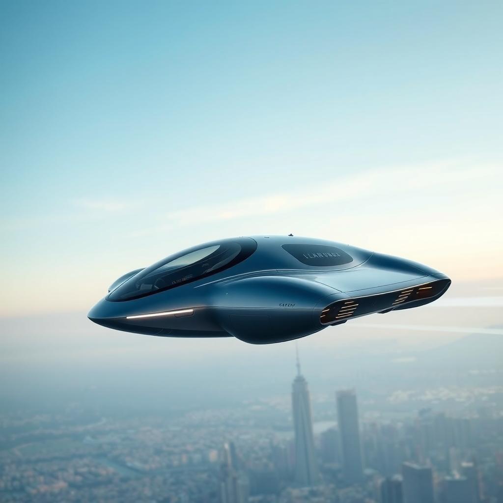 A sleek, futuristic autonomous flying car soaring through a clear blue sky