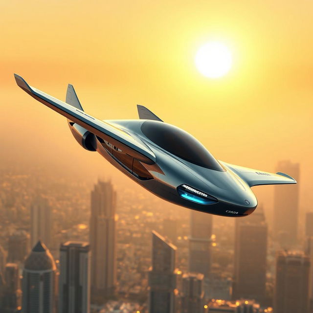 A futuristic autonomous flying car soaring through a clear sky, designed with sleek lines and advanced technology