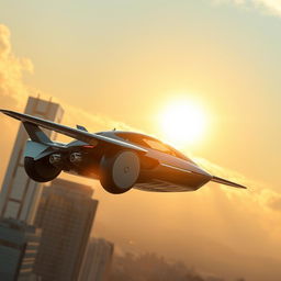 A futuristic autonomous flying car soaring through a clear sky, designed with sleek lines and advanced technology