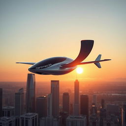 A futuristic autonomous flying car soaring through a clear sky, designed with sleek lines and advanced technology