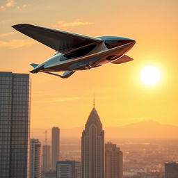 A futuristic autonomous flying car soaring through a clear sky, designed with sleek lines and advanced technology