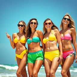 A group of attractive women wearing vibrant, stylish bikinis, enjoying a sunny day at the beach