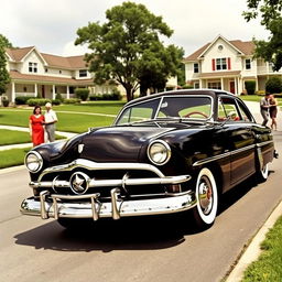 1949 Ford Deluxe, vintage car showcasing its iconic design, detailed chrome grille, classic whitewall tires, and a polished body in jet black color