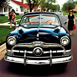 1949 Ford Deluxe, vintage car showcasing its iconic design, detailed chrome grille, classic whitewall tires, and a polished body in jet black color