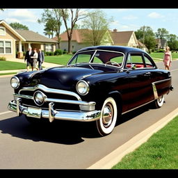 1949 Ford Deluxe, vintage car showcasing its iconic design, detailed chrome grille, classic whitewall tires, and a polished body in jet black color