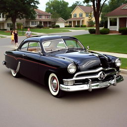 1949 Ford Deluxe, vintage car showcasing its iconic design, detailed chrome grille, classic whitewall tires, and a polished body in jet black color