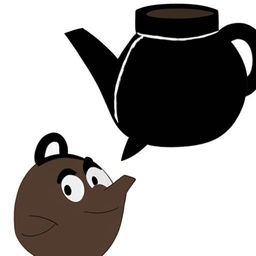 In the style of a Disney animation, depict a talking pot with a speech bubble, humorously declaring 'you're black' to a shiny black kettle.