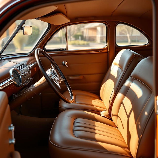 1949 Ford Deluxe interior, showcasing vintage car design, featuring authentic leather upholstery in rich tan color, classic dashboard with chrome accents, and a traditional steering wheel