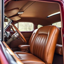 1949 Ford Deluxe interior, showcasing vintage car design, featuring authentic leather upholstery in rich tan color, classic dashboard with chrome accents, and a traditional steering wheel