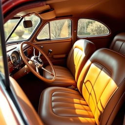 1949 Ford Deluxe interior, showcasing vintage car design, featuring authentic leather upholstery in rich tan color, classic dashboard with chrome accents, and a traditional steering wheel