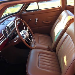 1949 Ford Deluxe interior, showcasing vintage car design, featuring authentic leather upholstery in rich tan color, classic dashboard with chrome accents, and a traditional steering wheel