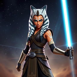 A dynamic and heroic portrayal of Ahsoka Tano, standing confidently with her dual lightsabers ignited