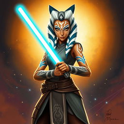 A dynamic and heroic portrayal of Ahsoka Tano, standing confidently with her dual lightsabers ignited