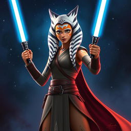 A dynamic and heroic portrayal of Ahsoka Tano, standing confidently with her dual lightsabers ignited