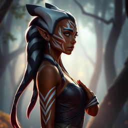 A beautiful Togruta woman with stunning facial markings and head-tails, similar in appearance to Ahsoka